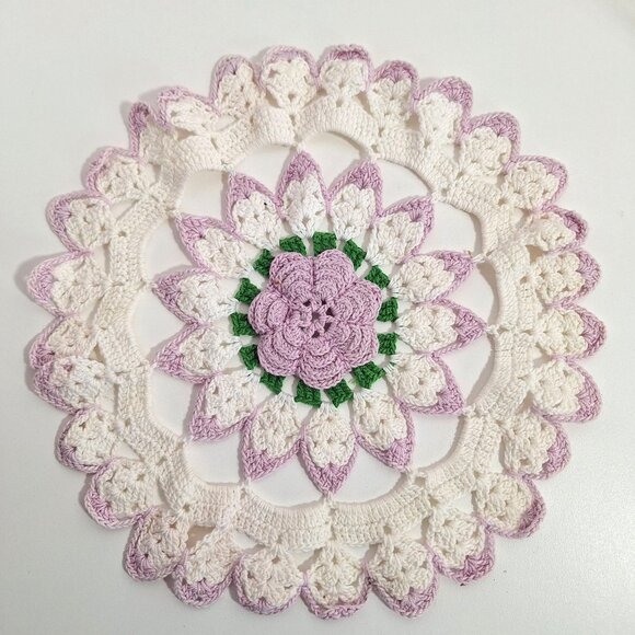 Handmade Other - Hand Crocheted Lace Doily Flower Lavender White Green Purple Cotton 10 Inch